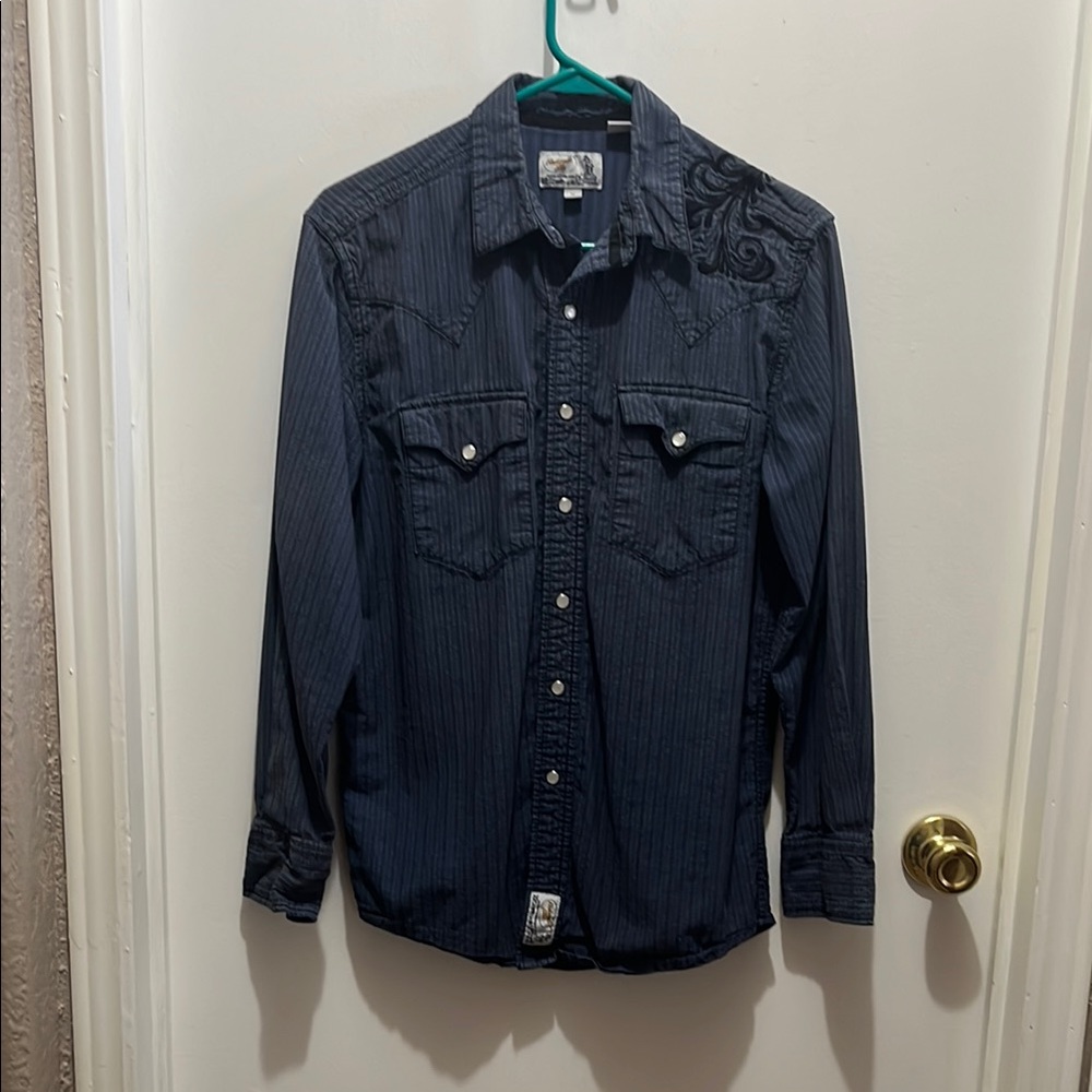 Navy Pearl snap Shirt with Embroidery